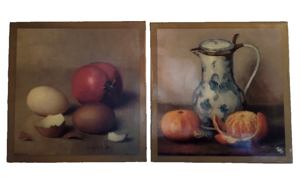 Hank Bay Lot of 2 Still LIfe Fruit Litho Print Wall Plaques 8" x 8" Signed 1971